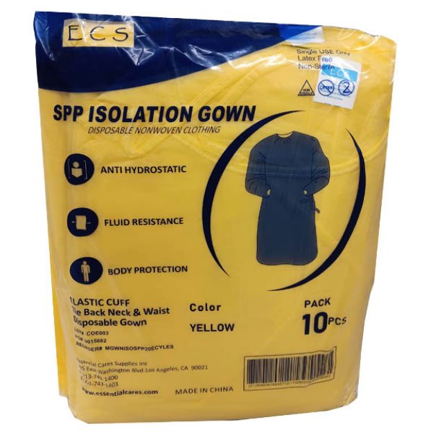 Picture of Isolation Gwn NW SPP 20gsm 130X150cm Elstic Cuff Tie Back/Waist Yellow XLarge ECS 10Pc/Bg 5Bg/Cs