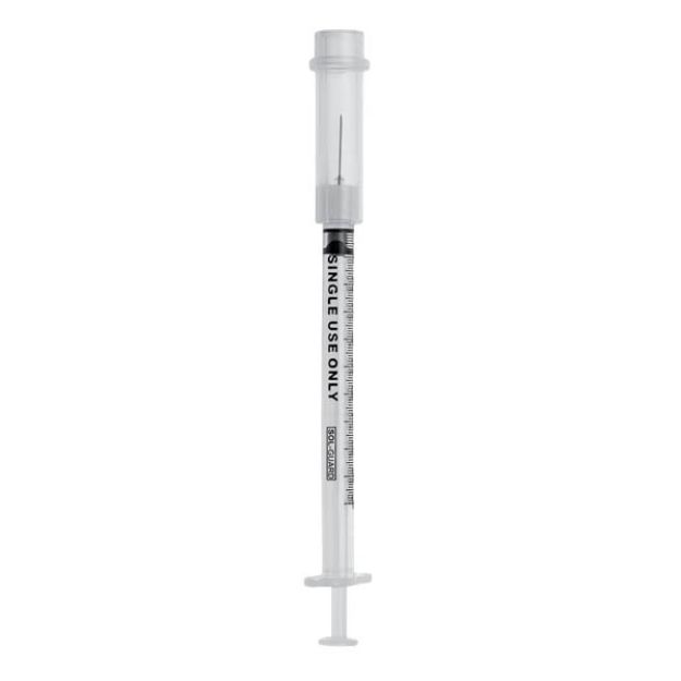 Picture of Sol-Guard 1mL Safety Syringe w/ Fixed Needle 25G x 5/8in Sol Millenium 100Ea/Bx  8Bx/Cs