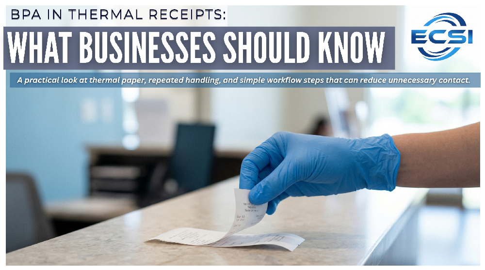 Blue nitrile-gloved hand handling a thermal receipt at a clean point-of-sale counter.